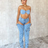 Denim Pants Sets for Women 2024 Sexy Streetwear Two Piece Set Outfits Chest Wrap Sleeveless Backless Top Hollow Out Jeans