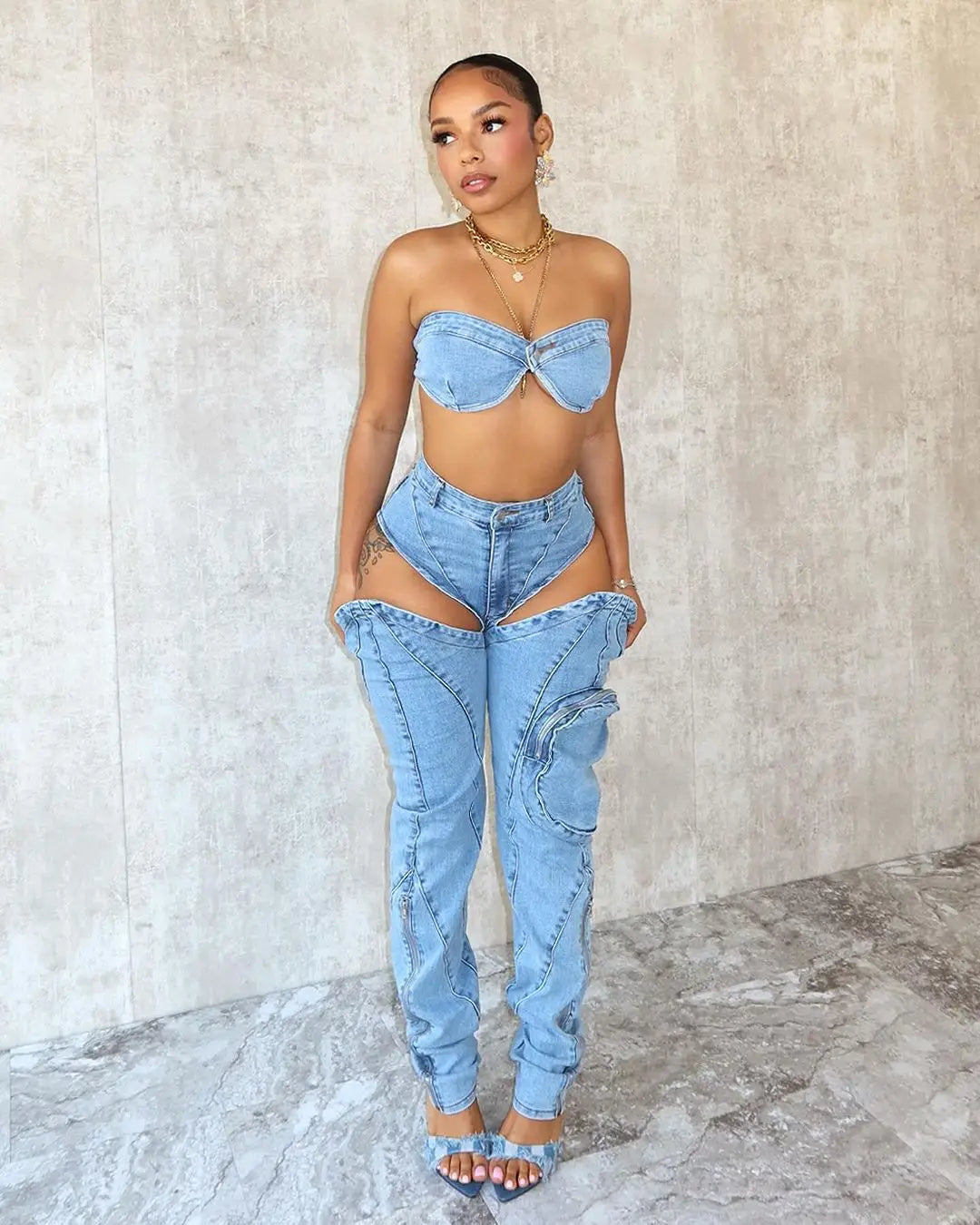 Denim Pants Sets for Women 2024 Sexy Streetwear Two Piece Set Outfits Chest Wrap Sleeveless Backless Top Hollow Out Jeans