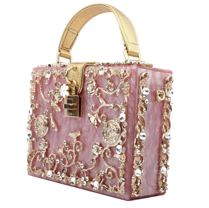 High-Grade crystal Evening Bag Female New Hollow Out Metal Carved Flower Diamond Handbag Box Fashion Chic Shoulder Crossbody Bag