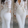 Sexy Deep V-neck Solid Jumpsuit Elegant Office Lady Hollow Lace Long Sleeved Slim Belt Jumpsuit Autumn Commuting Women Clothing