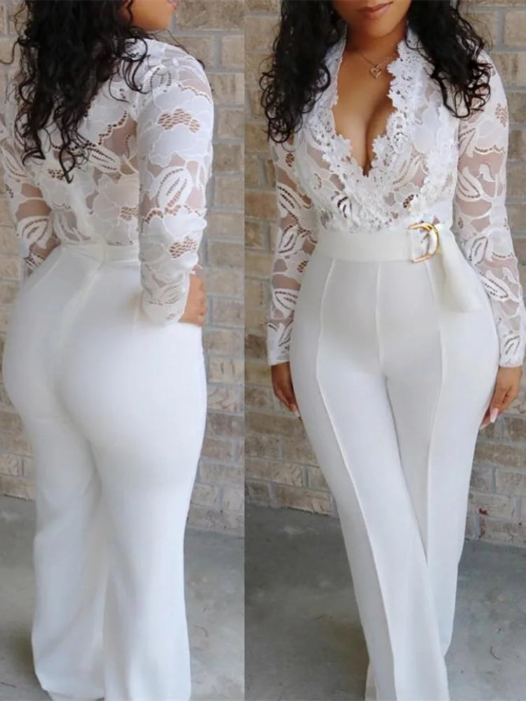 Sexy Deep V-neck Solid Jumpsuit Elegant Office Lady Hollow Lace Long Sleeved Slim Belt Jumpsuit Autumn Commuting Women Clothing