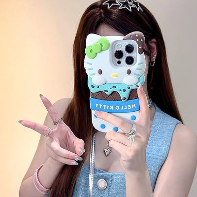 Cute 3D Ice Cream Sanrios Hello Kitty Phone Case for IPhone 15 14 13 12 11 Pro Max Drop-resistant Soft Silicone Back Cover Gift