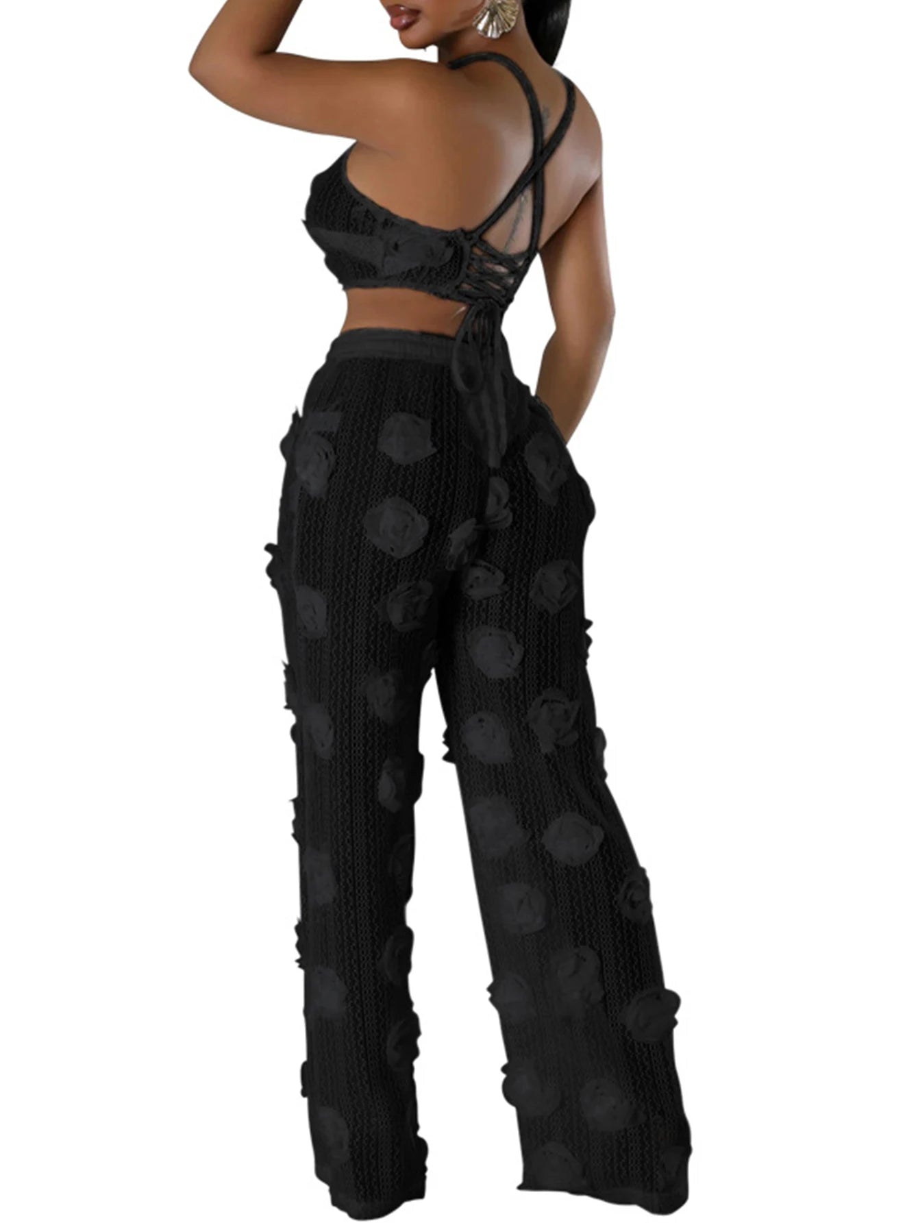Sexy see through lace up vacation jumpsuits women summer body party club outfits streetwear womens jumpsuit Wide leg pants sets