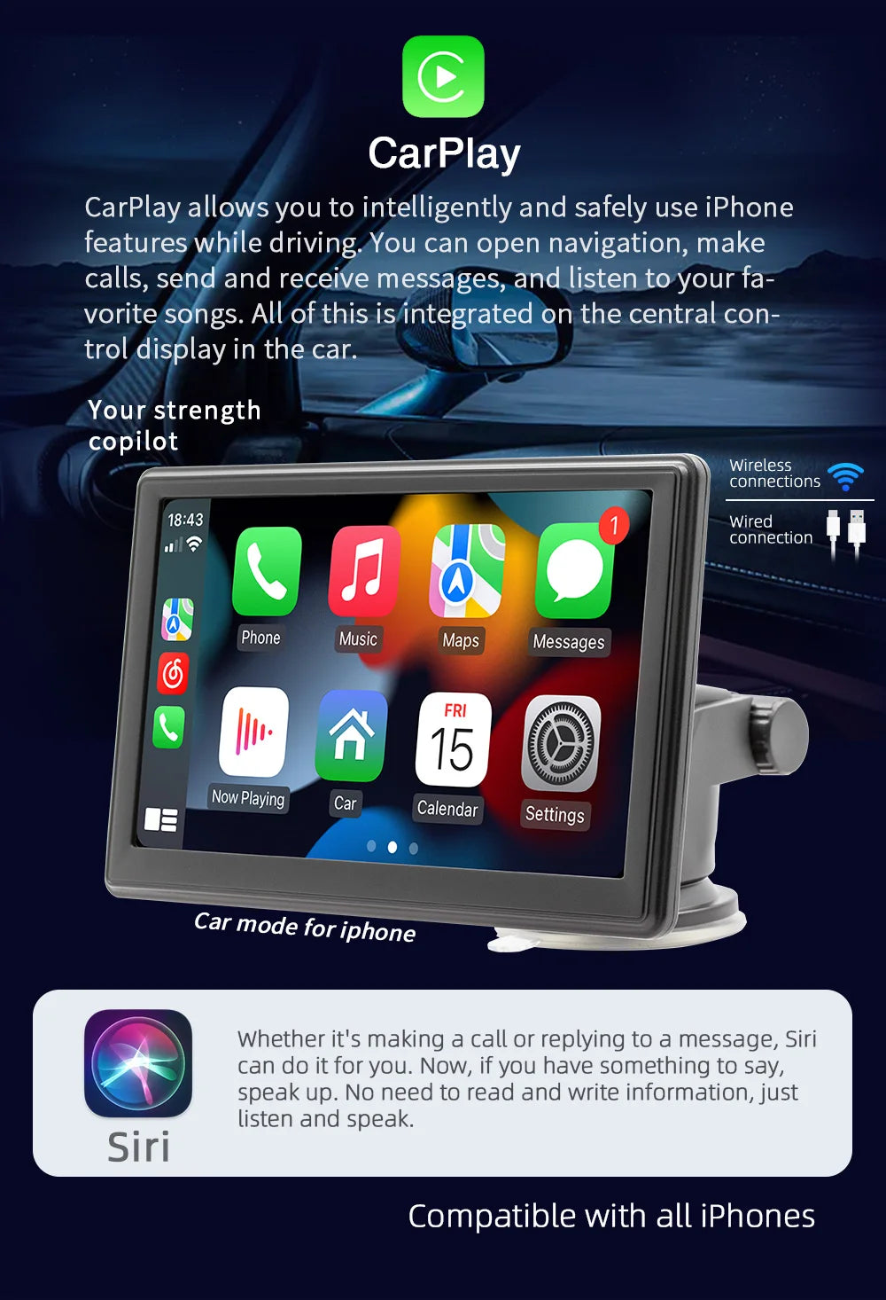 7" Screen Car Monitor Radio Wireless Carplay Android-Auto Bluetooth FM Transmitter Touch Screen Multimedia Video Player B500W