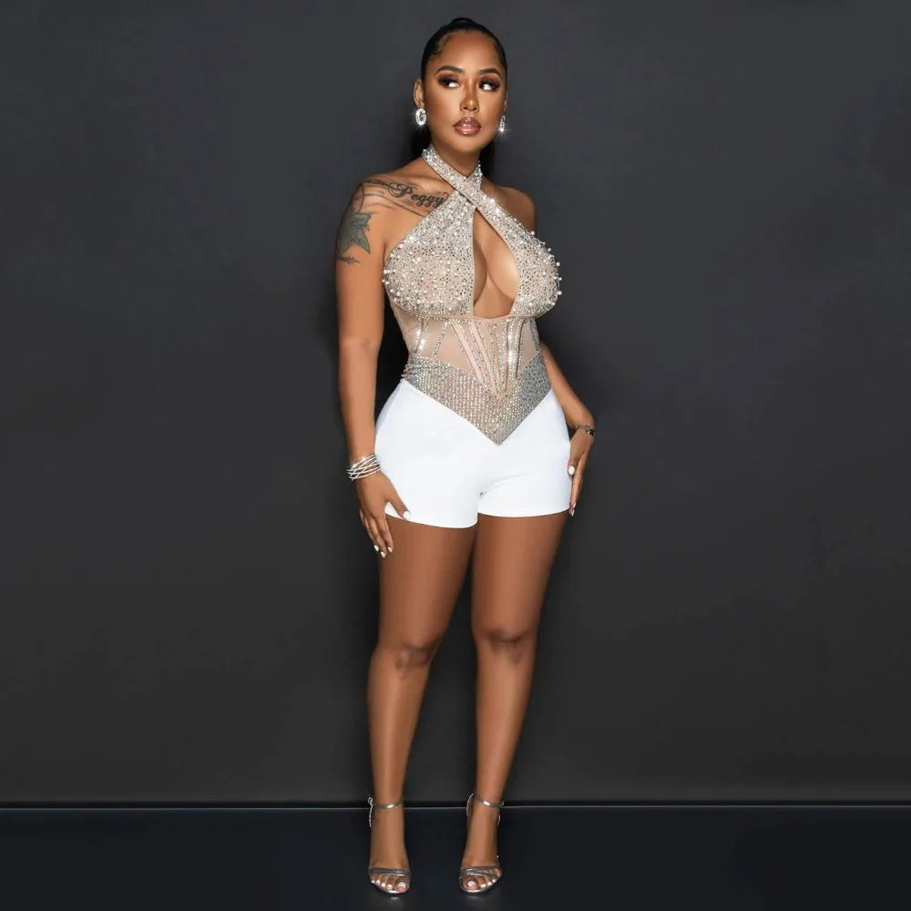 HLJ Gold Woman Evening Party Outfits Rhinestone Crystal Luxury Jumpsuits Women Corset Patchwork Bodycon Rompers Elegant Sexy