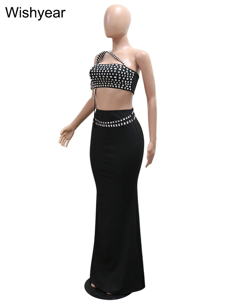 Luxury Celebrities Evening Club Outfit for Women Sexy Black Single Shoulder Diamonds Long Skirts and Crop Tops Two 2 Pieces Suit