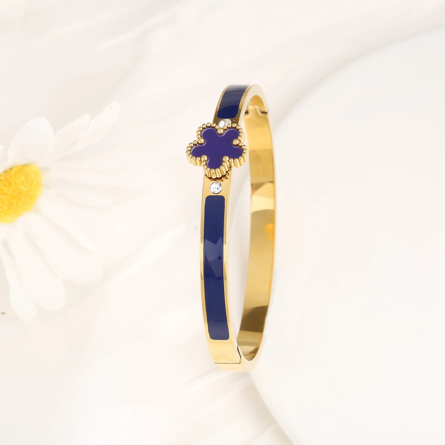 6 Colors Classic Luxury Stainless Steel Five Leaf Flower Open Bangle Simple for Woman Girl Party Trend Enamel Jewelry  Clover