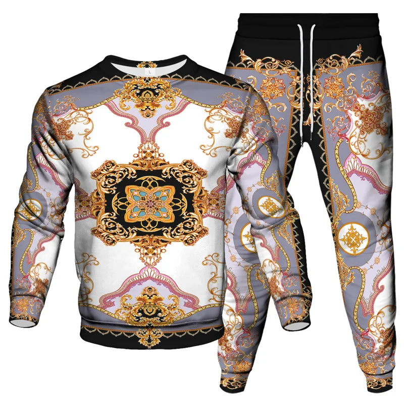 Vinatge Luxury Baroque Style Clothing Suit Men Jogging Pant Sweatshirt 2 Piece Set New Women Fashion Streetwear Tracksuit Set