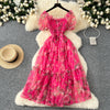 Elegant Slash Neck Vintage Short Puff Sleeve Chic Print Slim Chiffon Dresses French High Street Evening Autumn Mesh Clothing