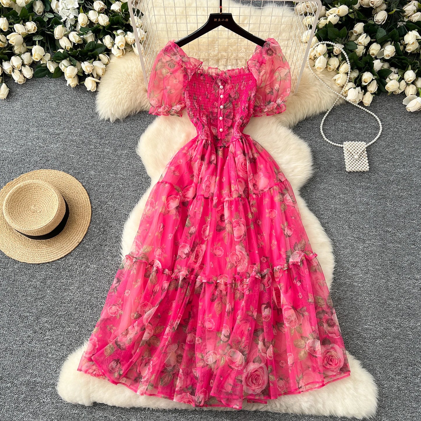 Elegant Slash Neck Vintage Short Puff Sleeve Chic Print Slim Chiffon Dresses French High Street Evening Autumn Mesh Clothing