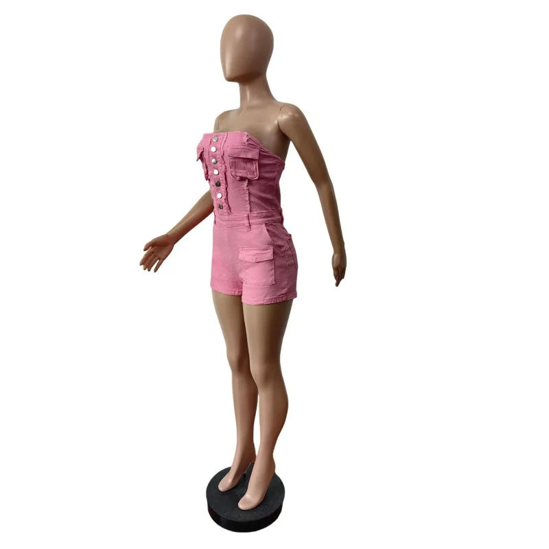 FAGADOER Spring Summer New Sexy Backless Rompers for Women Solid Pocket Cargo Patchwork Jumpsuits Female Streetwear Overalls