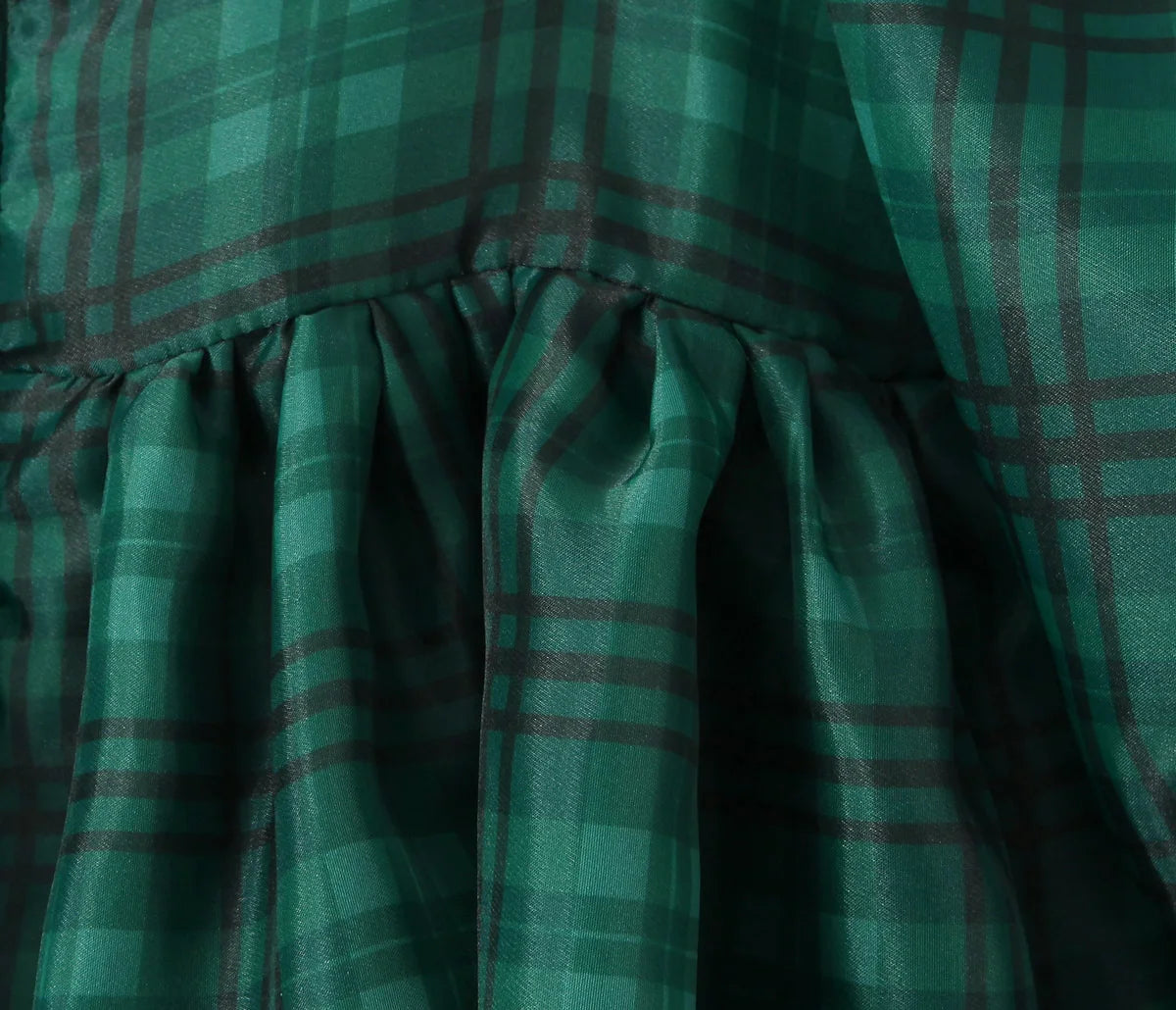 2024 Sweet Green Gingham Plaid Organza Ball Gown Dress Puff Sleeve Retro Women Swing Short Princess Robe Fairy Cake Vestidos