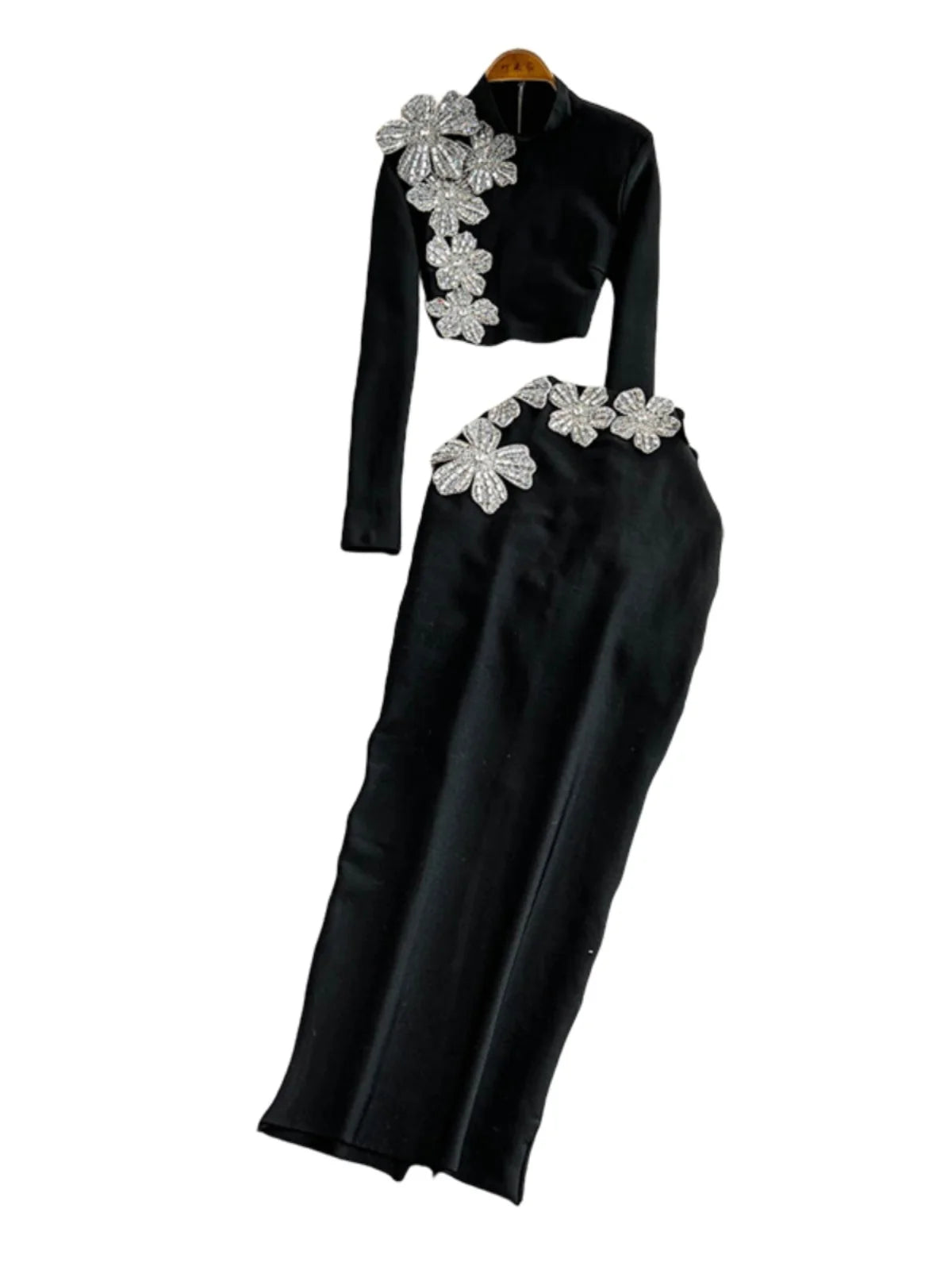 Faionable Diamond Embellied Wrap Skirt Set ort Top Long Dr Slimming High Collar Long Sve Zipper Two Piece Set