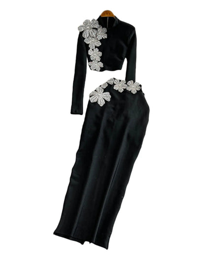 Faionable Diamond Embellied Wrap Skirt Set ort Top Long Dr Slimming High Collar Long Sve Zipper Two Piece Set