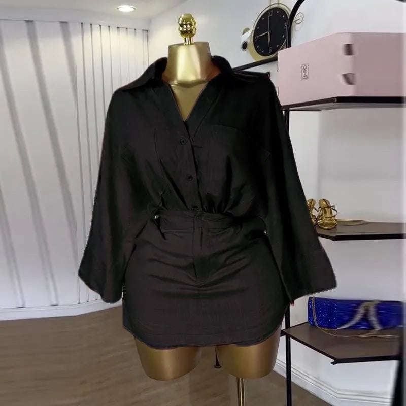 CM.YAYA Fashion Women's Set Full Sleeve Turn-down Collar T-shirt and Skirts Shorts 2025 Chic Two 2 Piece Sets Outfit Tracksuits