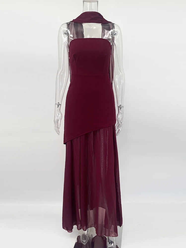 TARUXY Fashion Strapless Dress With Ribbon Female Elegant Sleeveless Mesh Beach Vacation Long Dress 2025 Spring New Women Dress