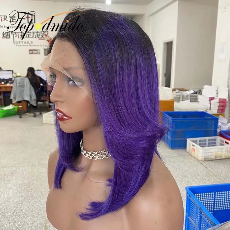 Topodmido Ombre Purple Color Short Hair Wig with Pre-Plucked Hairline Peruvian Hair Bob Lace Wigs with Dark Roots Lace Wigs