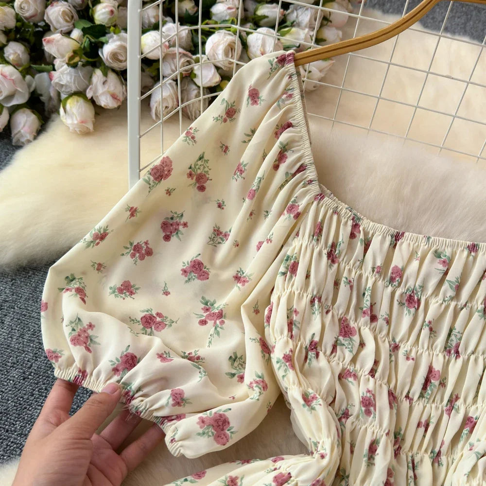 2024 New Summer Flower Print Long Dress Women Vintage Square Neck Ruched Chest Sash Bandage Sundress Party Vestidos