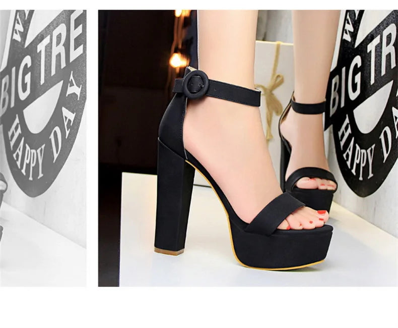 Fashion Women Pumps Sandals Summer Platform Belt Buckle Strap PU Square Heel Outdoor Korean Style Black Open Toe Grace 1550-1