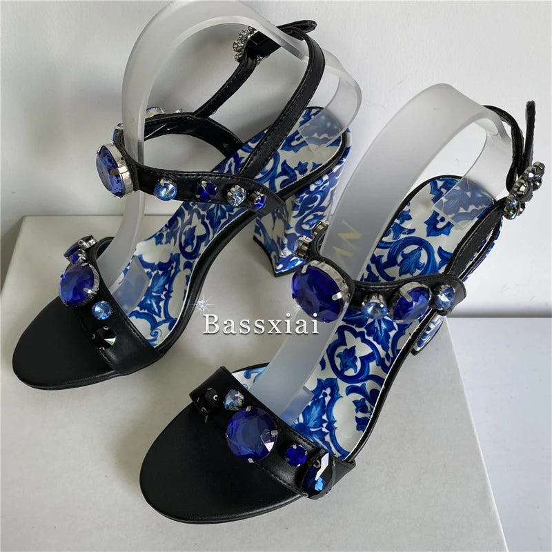 Luxury Diamond Crystal Decor Modern Sandals Women Blue And White Porcelain Print Ankle Strap Summer Shoes For Girls