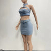 Denim Dress Sets Mini Wrap Buttocks Dress Slim Sheath Solid Two Pieces Sashes Sexy Pullover Tops Washed High Street Spliced
