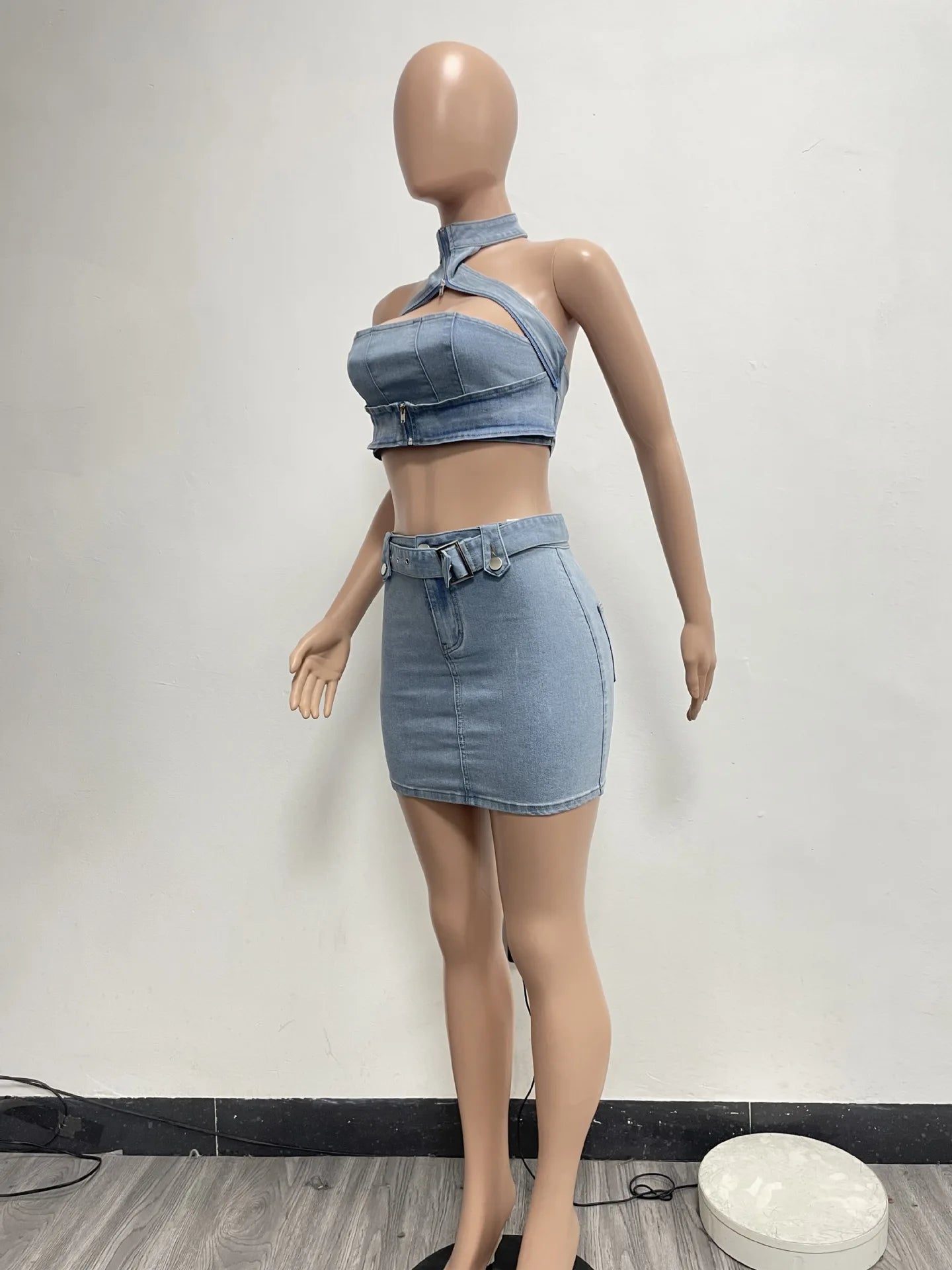 Denim Dress Sets Mini Wrap Buttocks Dress Slim Sheath Solid Two Pieces Sashes Sexy Pullover Tops Washed High Street Spliced