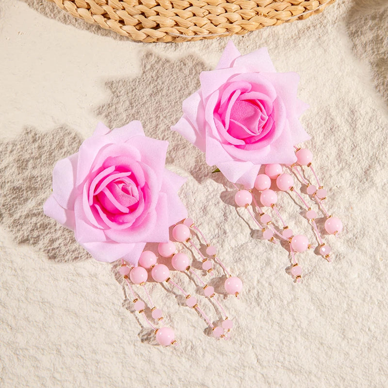 Tocona Bohemia for Women Long Tassel Earrings Multicolor Rose Flower Pendant  Earrings Exquisite Party Jewelry Accessories