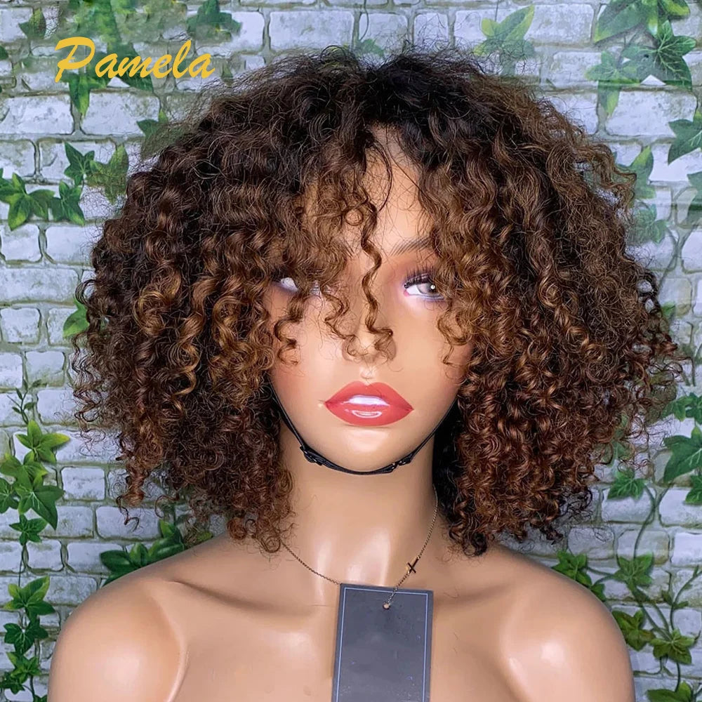 Ombre Blonde Wear and Go Glueless Short Curly 250% Density Human Hair Wigs Princess Hair Ready To Wear Lace Frontal Wigs