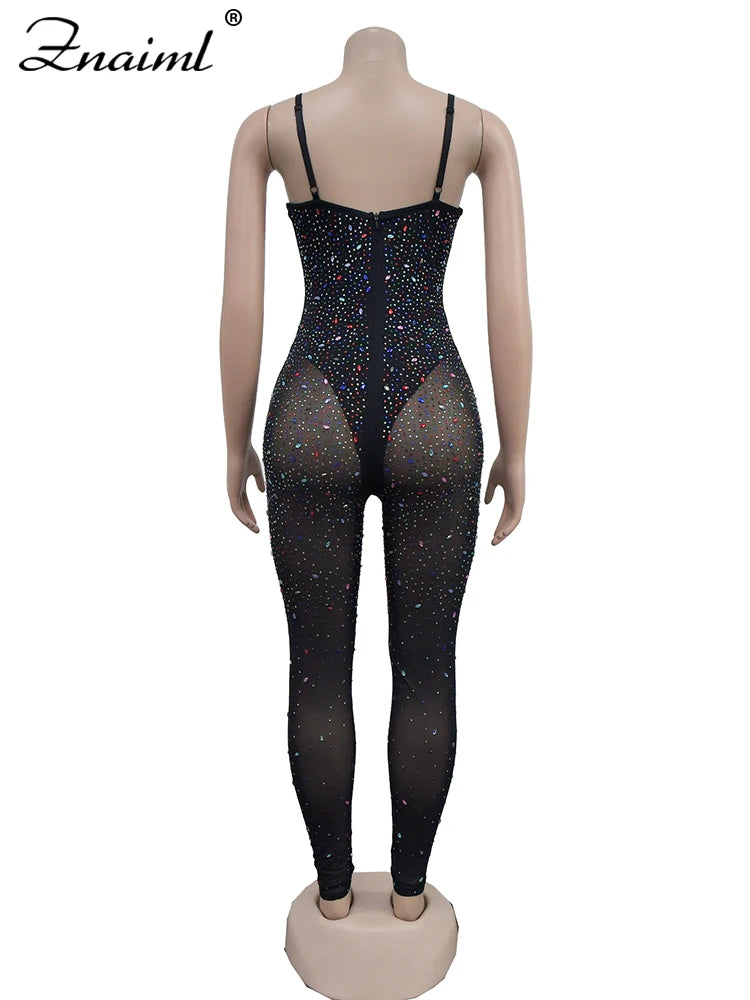 Znaiml Luxury Birthday Night Club Party One Piece Rompers and Jumpsuits for Women Sexy Mesh Sheer Colourful Diamonds Overalls