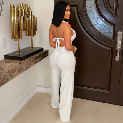 Sexy Halter Backless Jumpsuits Woman Elegant High Waist Flare Pants Sleeveless Beading Ruched Party Romper Birthday Club Outfits