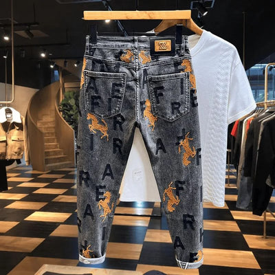 Mens Jeans Embroidered Leg Slimming Trousers Casual Streetwear Versatile Personalized Pencil Pants Men'S Wear 2024 Spring New