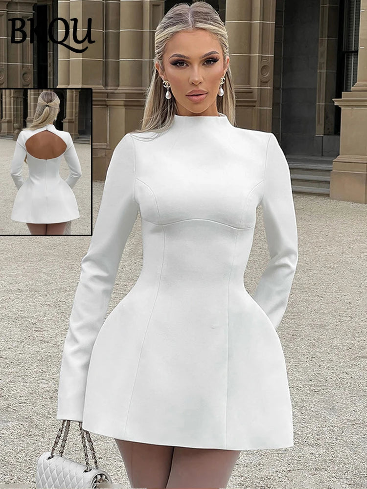 BKQU Elegant Off Shoulder Long Sleeve Mini Dress Women Sexy Strapless Backless Slim A-Line Short Dress Lady Chic Party Vestidos