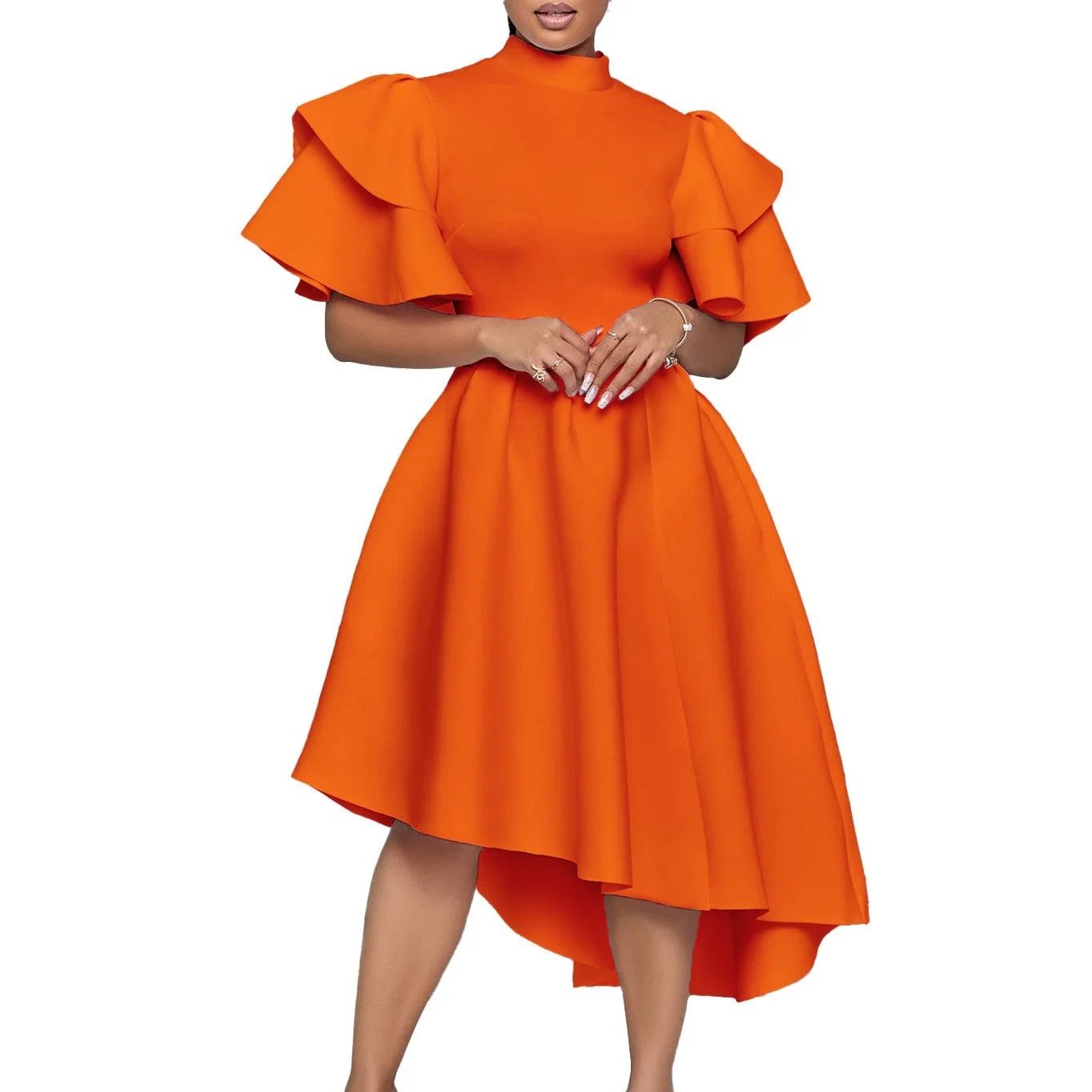 Elegant Party Dresses for Woman 2024 New O Neck Ruffles Sleeve High Waisted Asymmetric Mid Calf Luxury Birthday Dinner Vestidos