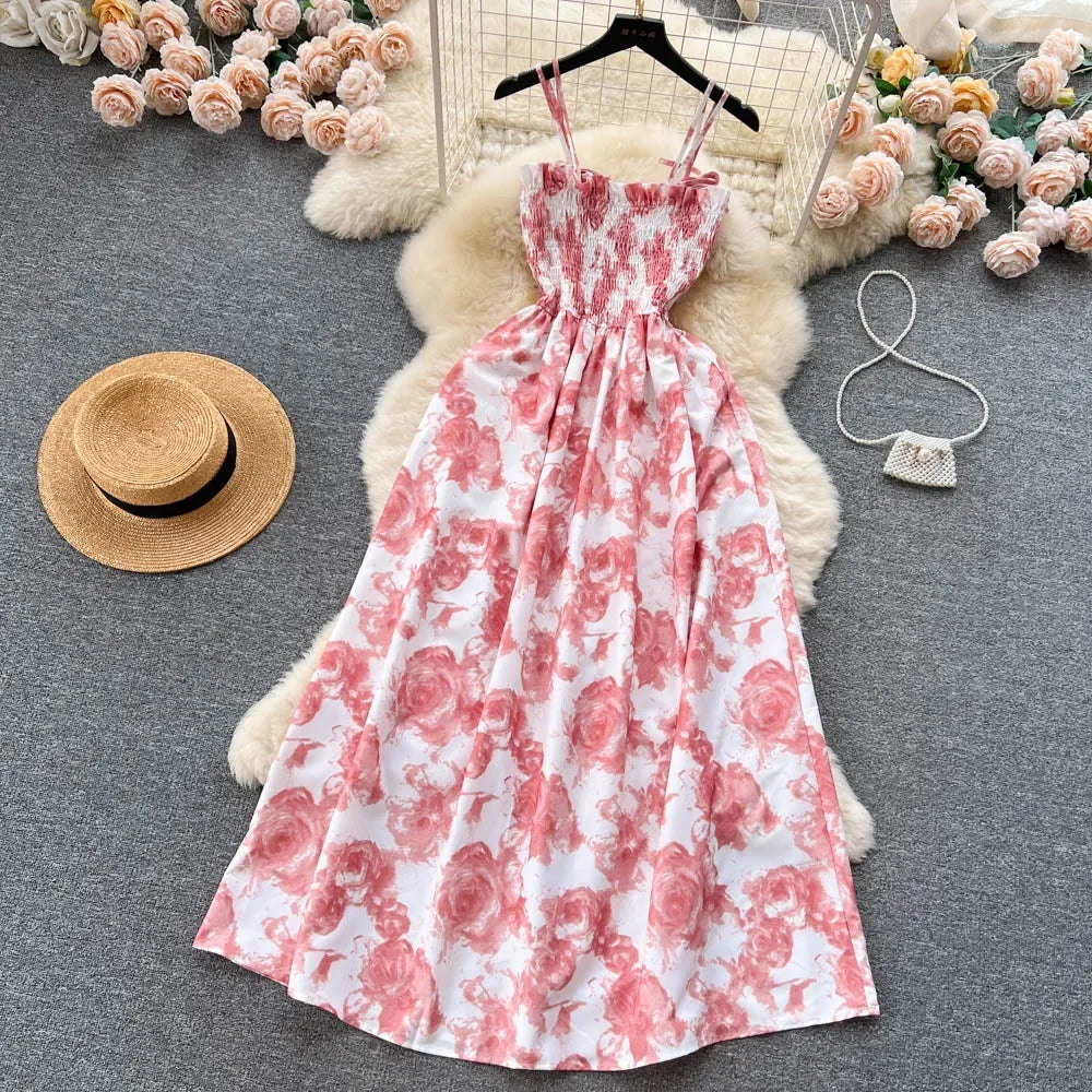 2024 New Summer Korean Fashion Rose Flower Print Romantic Retro Party Dress Elastic High Waist Vacation Long Dress Beach Vestido