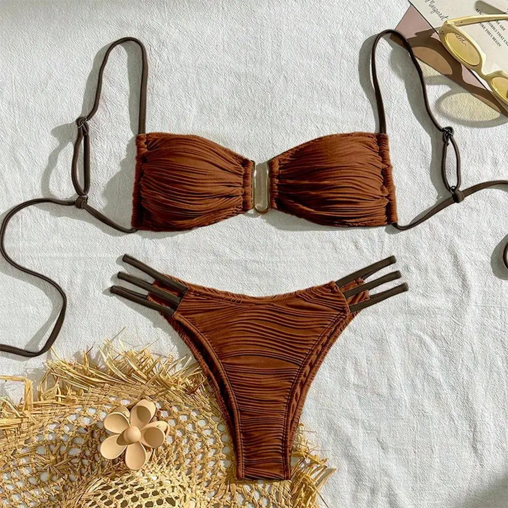Women Two-piece Trunk Swimsuit Stylish Bandeau Padded Bikini Set Split Swimming Suit Lady Girls Pad Bra Briefs Set Beachwear