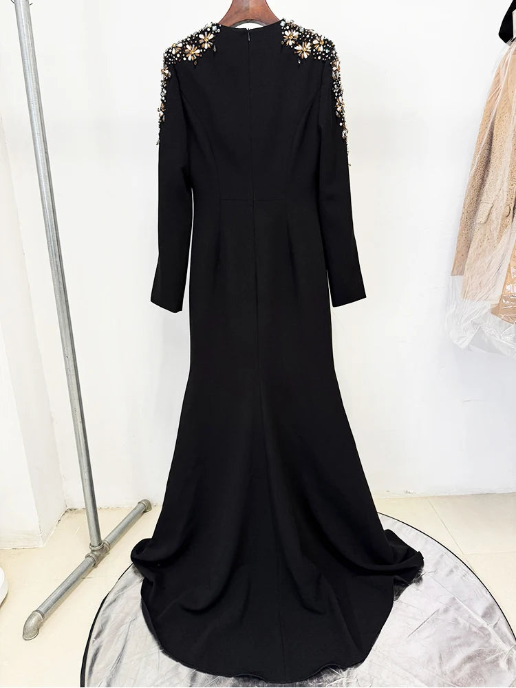 HIGH STREET Newest Fashion 2025 Designer Party Vestido Women's Diamonds Beaded Split Long Maxi Dress