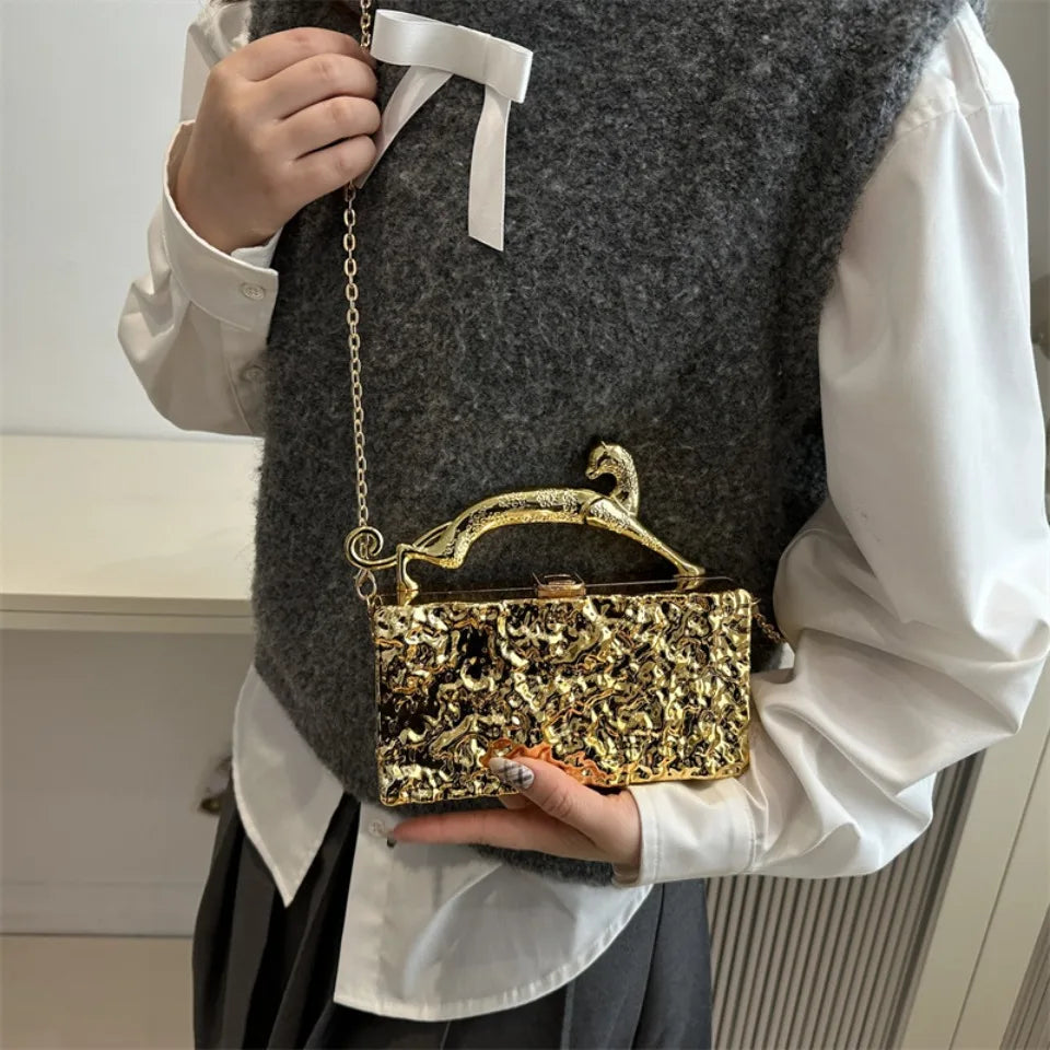 Leopard handle Luxury Gold Silver Party Evening Bag For Women Chain Clutch Handbags And Purses Mini Crossbody Shoulder Phone Bag