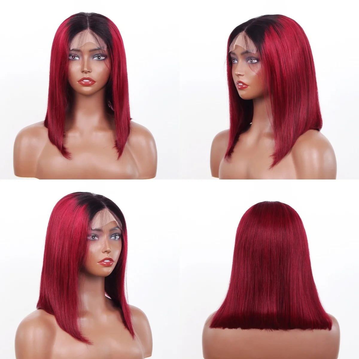 1B/99J Burgundy Short Straight Bob Human Hair Wigs Brazilian Lace Front Human Hair Wigs Pre Plucked T Part Lace Wigs Remy Hair