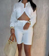 Elegant Two Piece Set Woman Summer 2025 New Solid Loose Long Sleeved Waist Revealing Shirt and High Waisted Half Pants Suit