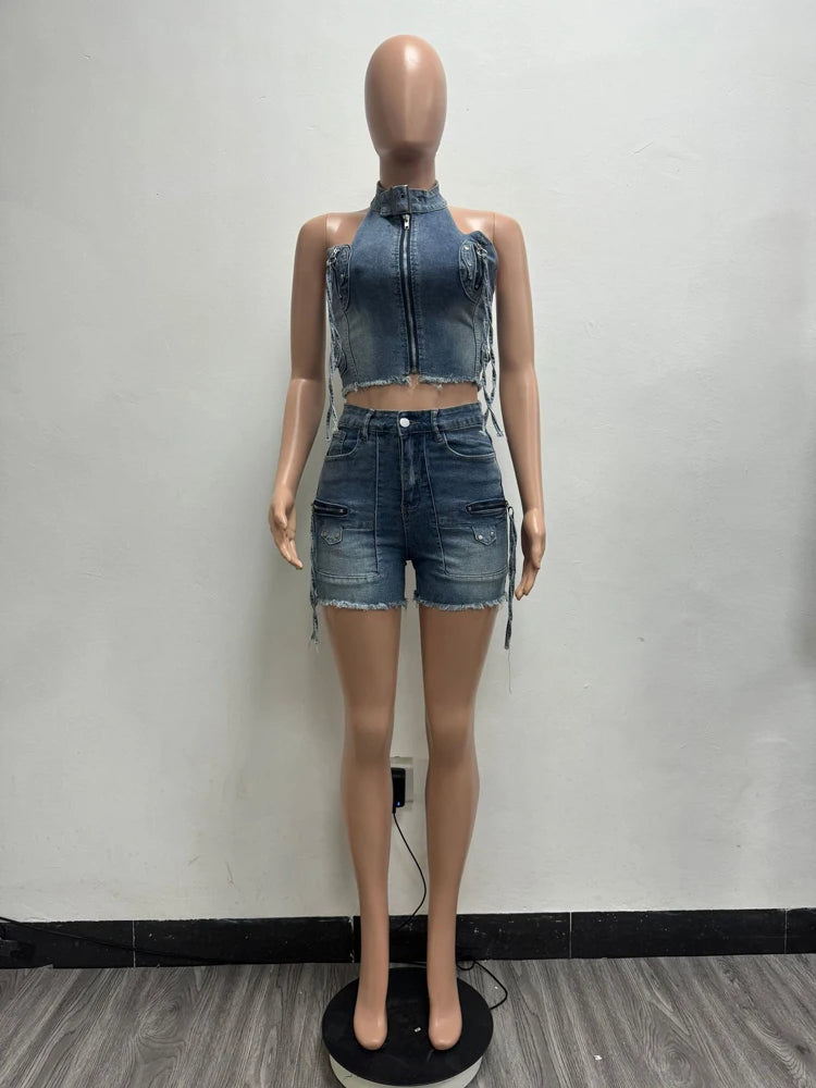 2025 Summer Fashion Denim Woman Sets Y2k Sexy Street Clothes Sleeveless Zipper Tops and Shorts 2 Two Piece Set Jeans Outfit