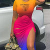 Women's Dresses 2023 Summer Fashion Contrast Leopard Print Drawstring Ruched Casual O-Neck Short Sleeve High Slit Skinny Dress