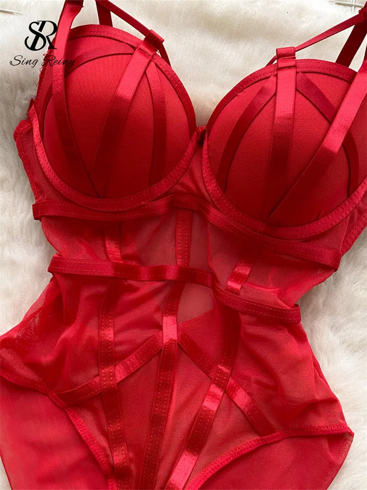 SINGREINY Women Corset Slim Sexy Bodysuits Sleeveless Gauze Short Playsuits Fashion Open crotch Underwear Camis Solid Rompers