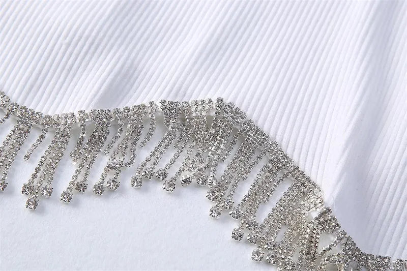 High Street Sexy Hem Tassel Diamond Beading Knitting T Shirt Chic Short Camis Tank Lady Slim Crop Vest Tops