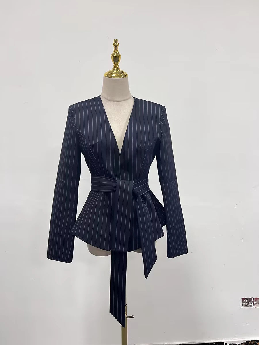 TWOTWINSTYLE Colorblock Striped Slimming Blazers For Women V Neck Long Sleeve Tunic Temperament Coats Female Fashion Clothes New