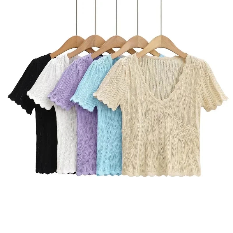 Women V Neck Knitted Crochet Tee With