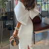 Elegant White Dress Women Summer Off Shoulder Cape Design Splicing Skinny Dress Party Vestidos Woman Evening Party Dresses White
