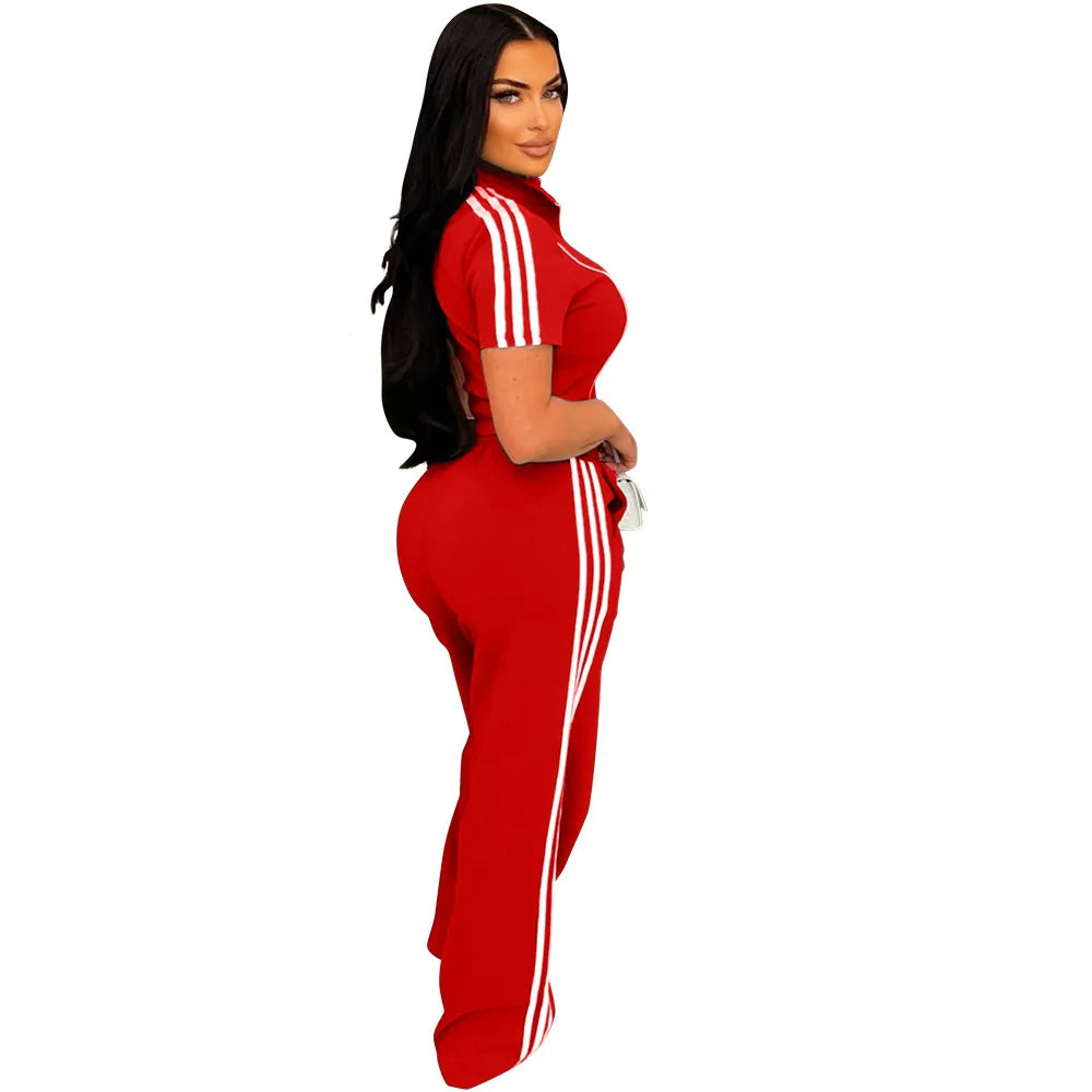 Fashion Casual Short Hoodie 2 Piece Women Summer Zipper Top Short Sleeved Sports T Shirt Stripe Splicing Long Pants Female Suit