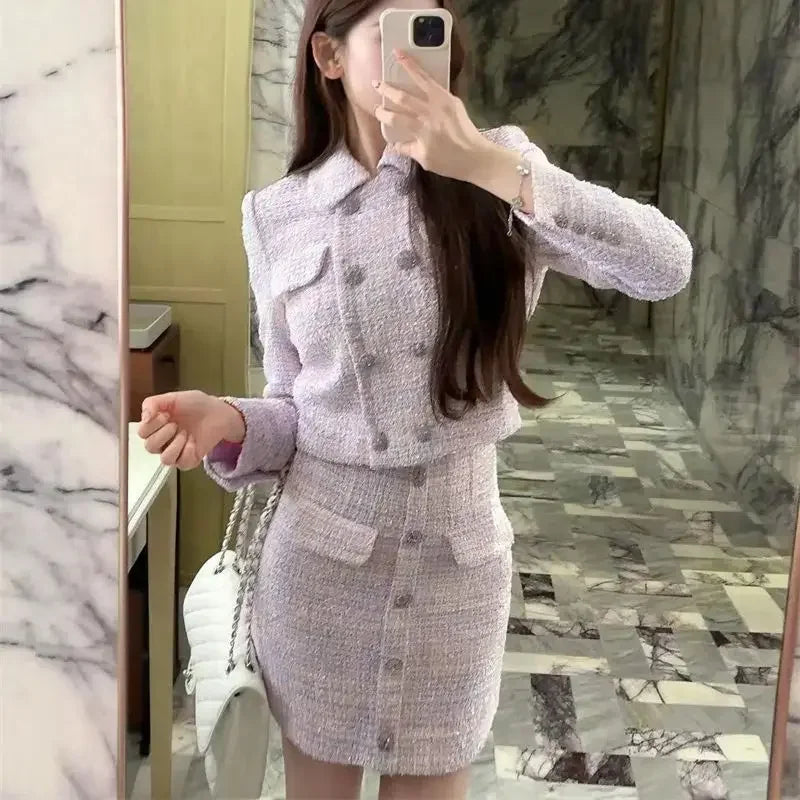 New Luxury High End Tweed Women's Two Pieces Set Elegant Lapel Double Breasted Slim Short Coat + Mini Skirt Fashion Suit
