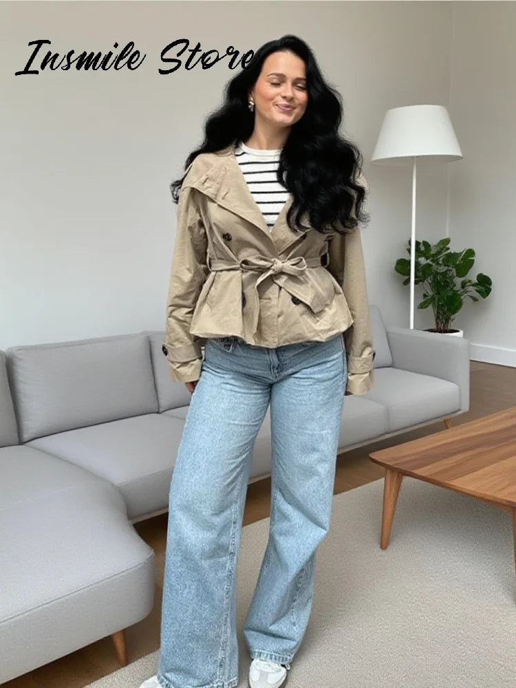 Fashion Belt Short Trench Coat Women Stand Collar Double Breasted Pocket Long Sleeve Coats 2025 Autumn Lady Commute Chic Outwear