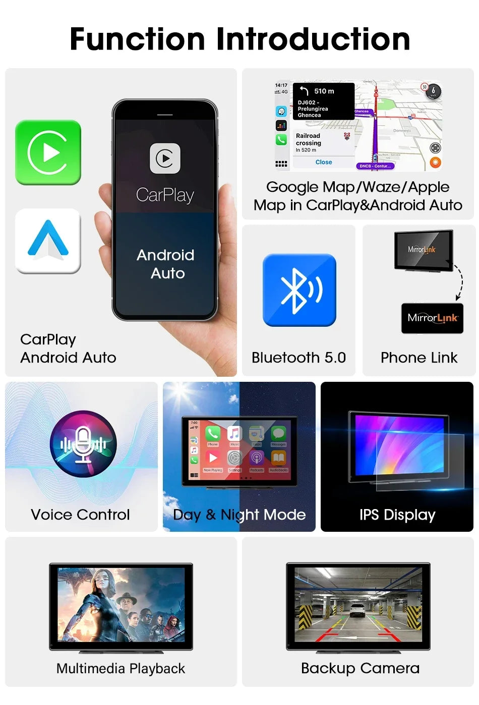 Srunbi 9 Inch Carplay MP5 Portable Smart Player Monitor Wireless Android Auto&Carplay Dual Bluetooth Music AUX USB BT 5.0 IPS